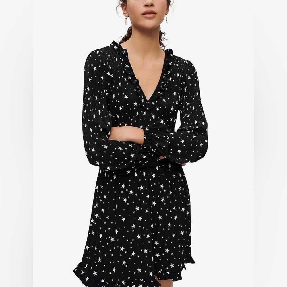 Maje Rockalie Star-Print Ruffle Woven Mini Dress Holiday Party NYE Black Sz 36/S